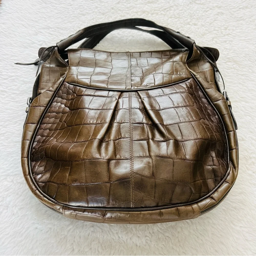 Francesco Biasia Italy Olive Crocodile Print Embossed Leather Large Bag
